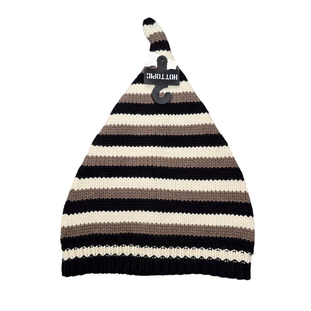 Hot Topic Womens Black Brown Stripe Pointy Knit Beanie Size OS NWT